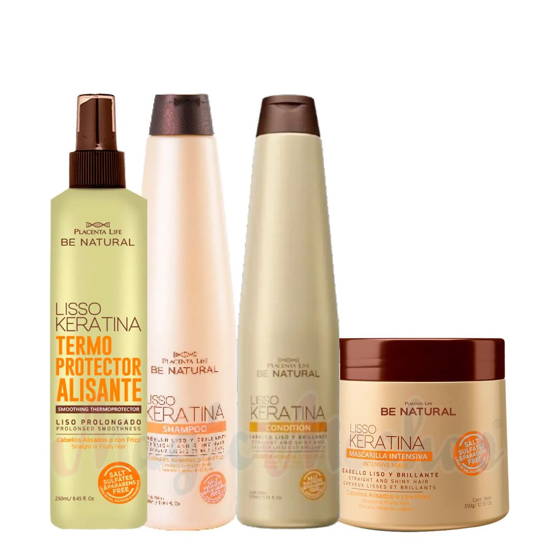 Kit Be Natural Liso Keratina Shampoo + Acondicionador + mascarilla + Termo Protector Be Natural