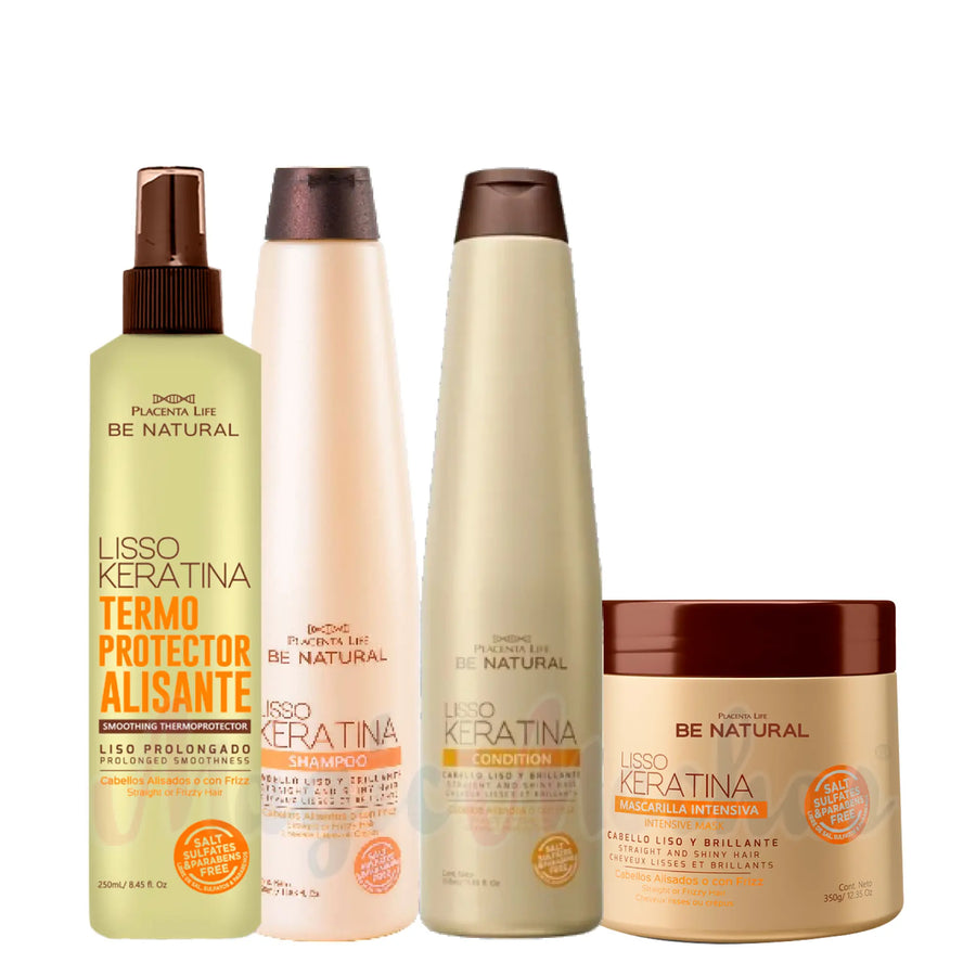 Kit Be Natural Liso Keratina Shampoo + Acondicionador + mascarilla + Termo Protector Be Natural